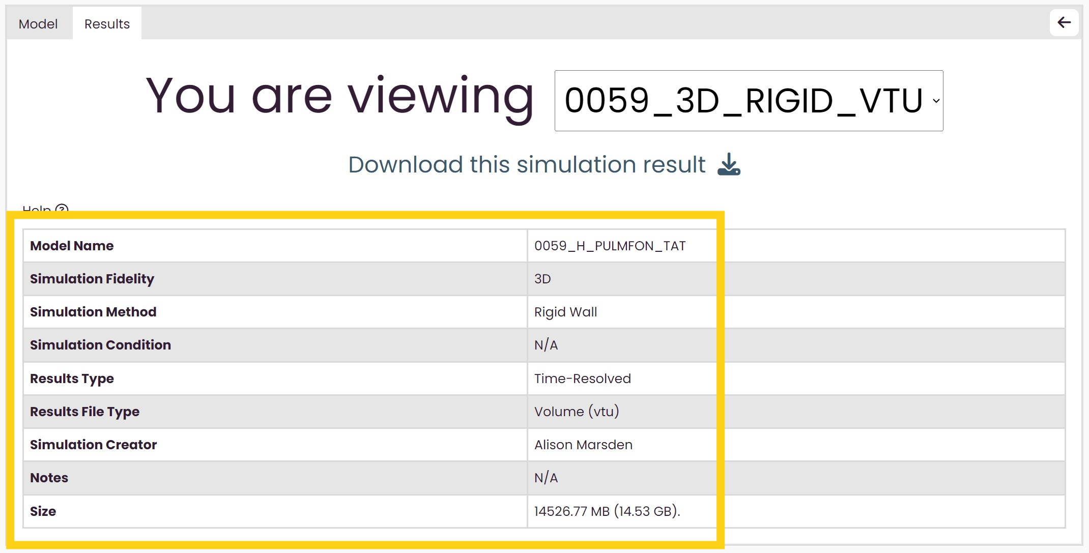 Highlight name for simulation results tab